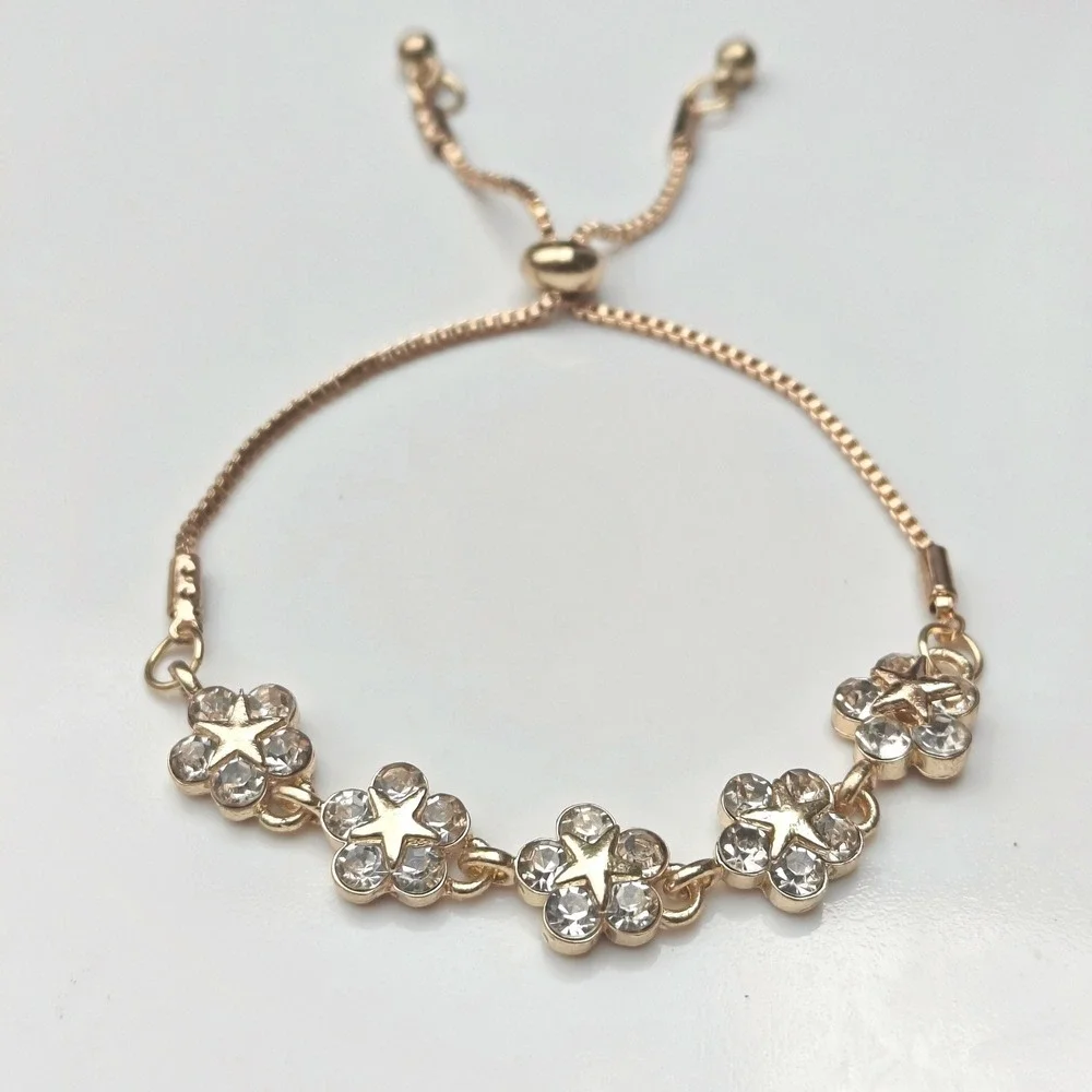 Gold Tone Crystal Flower Star Bolo Bracelet Adjustable Box Chain Celestial